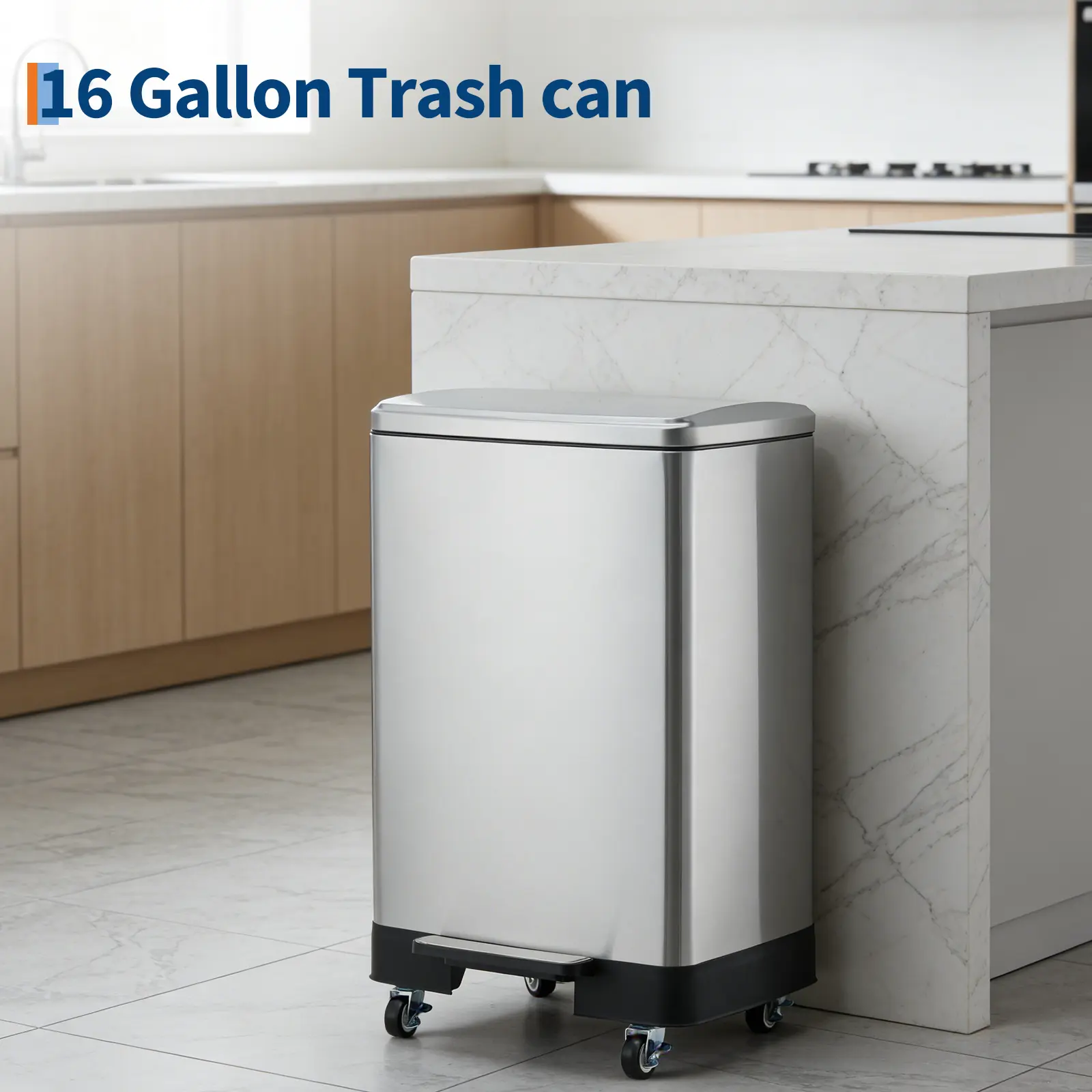 Large Capacity 60L Stainless Steel Kitchen Trash Can with Wheels, Stainless Steel Kitchen Garbage Can, Odor Control Lid, Removable Inner Bucket, Soft Close Step Pedal, Locking Casters for Home, Office & Commercial