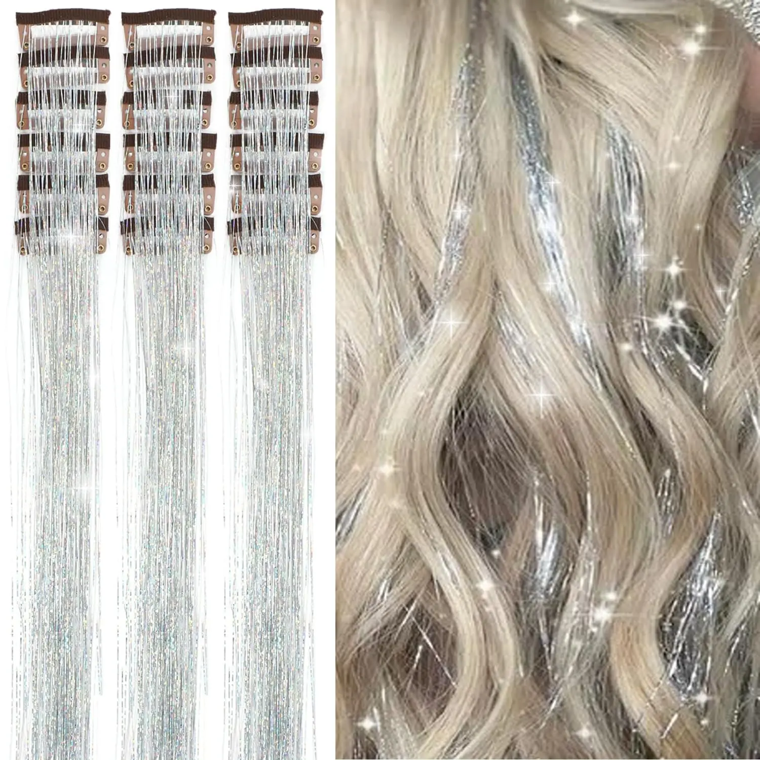 Clip in Hair Tinsel 12 count Hair Tinsel Clip in Glitter Tinsel Hair Extensions 23.6 Inch  Fairy Hair Tinsel Kit Clips in Sparkling Party Festival Hair Accessories, Easy to Use ()