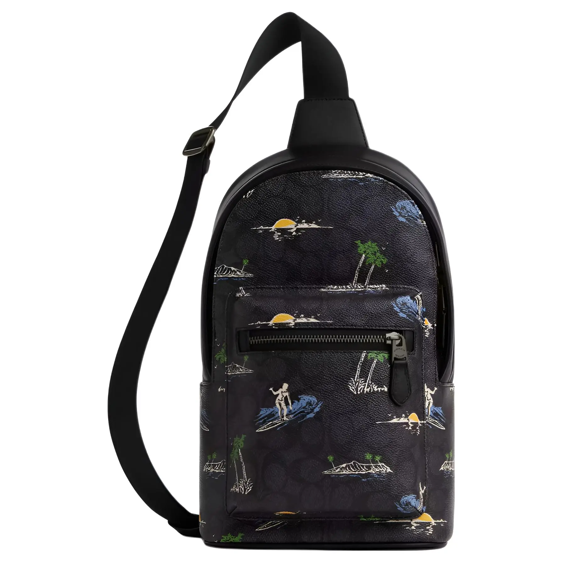 Coach Waist Bag in Black: Surf Print Coated Canvas and Smooth Calfskin, Unisex Small Size