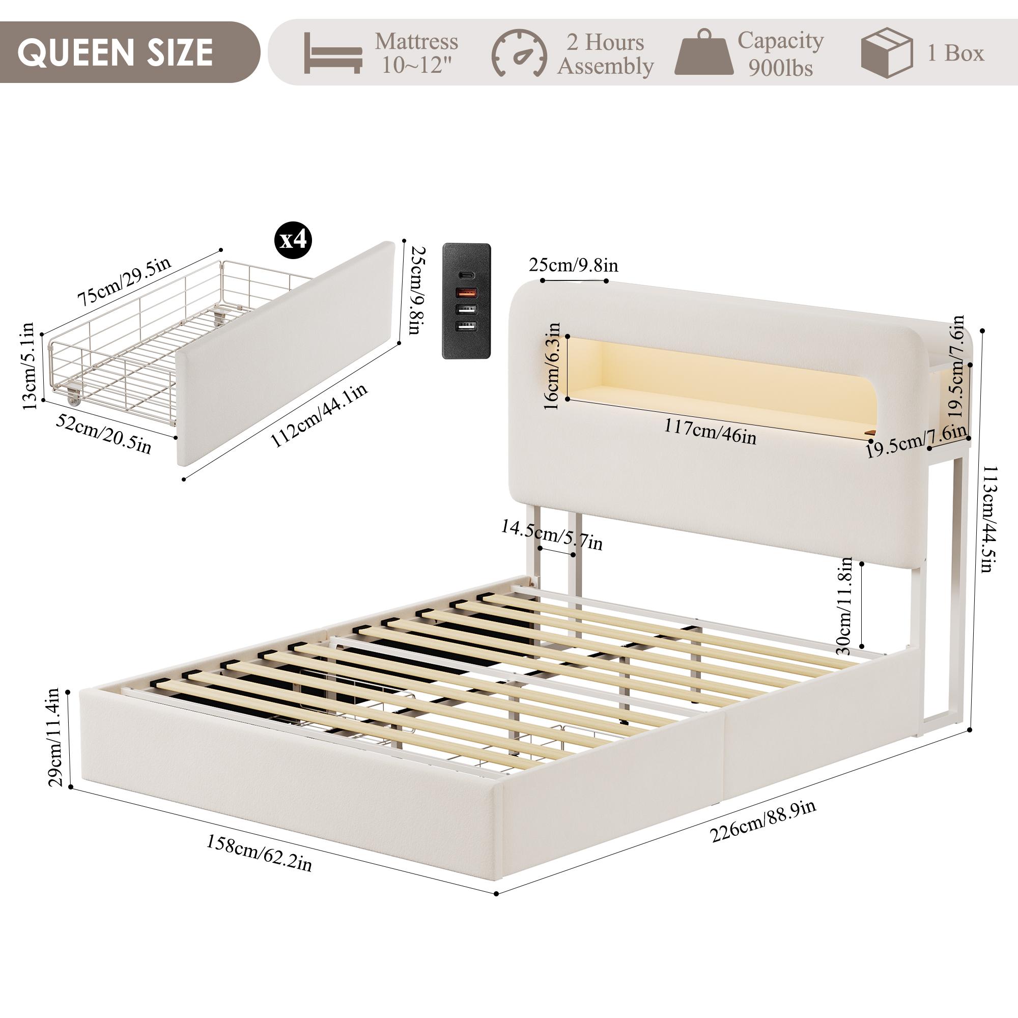 HOSTACK LED Bed Frame with Storage Headboard & Charging Station Modern Platform Bed with USB Ports Velvet Upholstered Twin/Full/Queen Sizes No Box Spring Needed Easy Assembly Bedroom Bedframe, No mattress