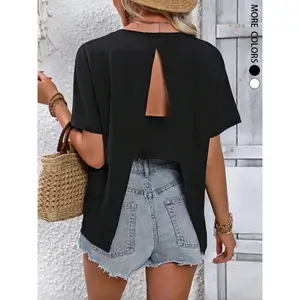 Women's Solid Color Round Neck Short Sleeve Casual  Loose Fit T-Shirt With Back Slit,Stylish Casual Top, Comfortable Daily Wear, Trendy Fashion Essential, Perfect for Summer