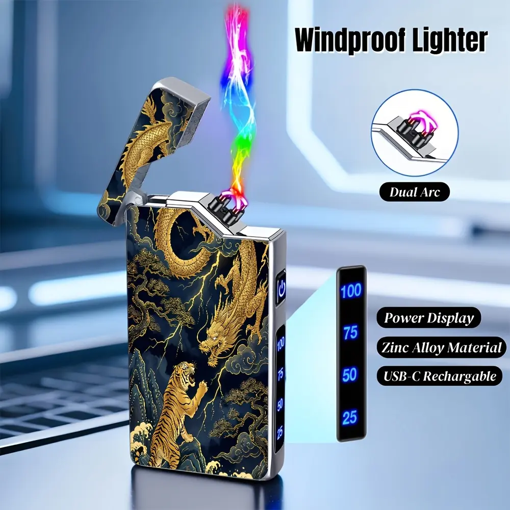 1pc Oriental Dragon And Tiger Battle Pattern Printed Metal Material Electronic Lighter No Flame Windproof Pulse Dual Arc, USB-C Rechargeable with Battery Indicator, Suitable for Daily, Party, Outdoor, High Altitude Use, Valentine'S Day