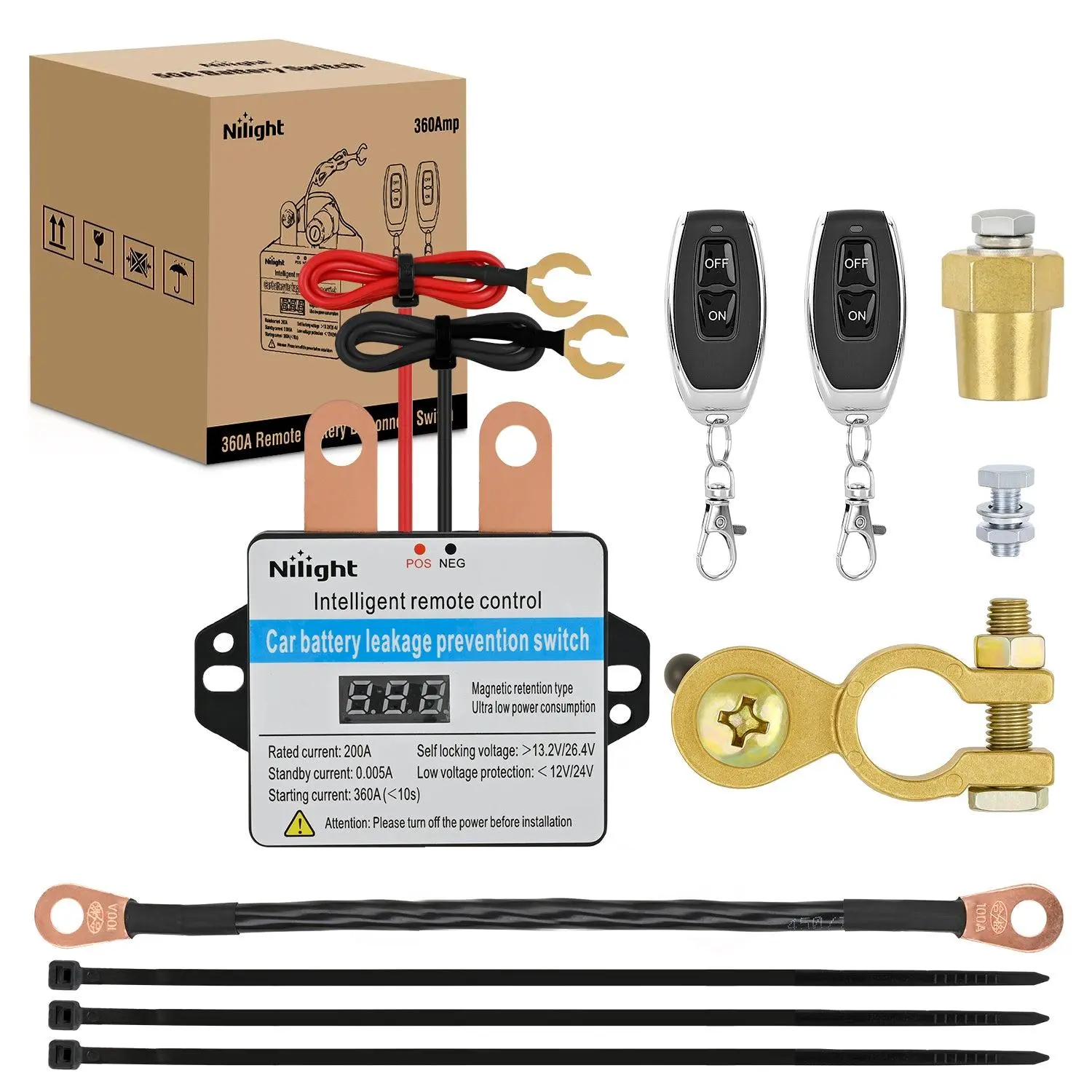 Nilight 12V/24V 360A Automotive Car Battery Isolator Remote Control Switch, Smart Anti-Theft Kill Switch with Wireless Remote Relay Fobs, Voltmeter Display, Black Negative Cable, Terminal Block Copper Pillar for Auto Truck