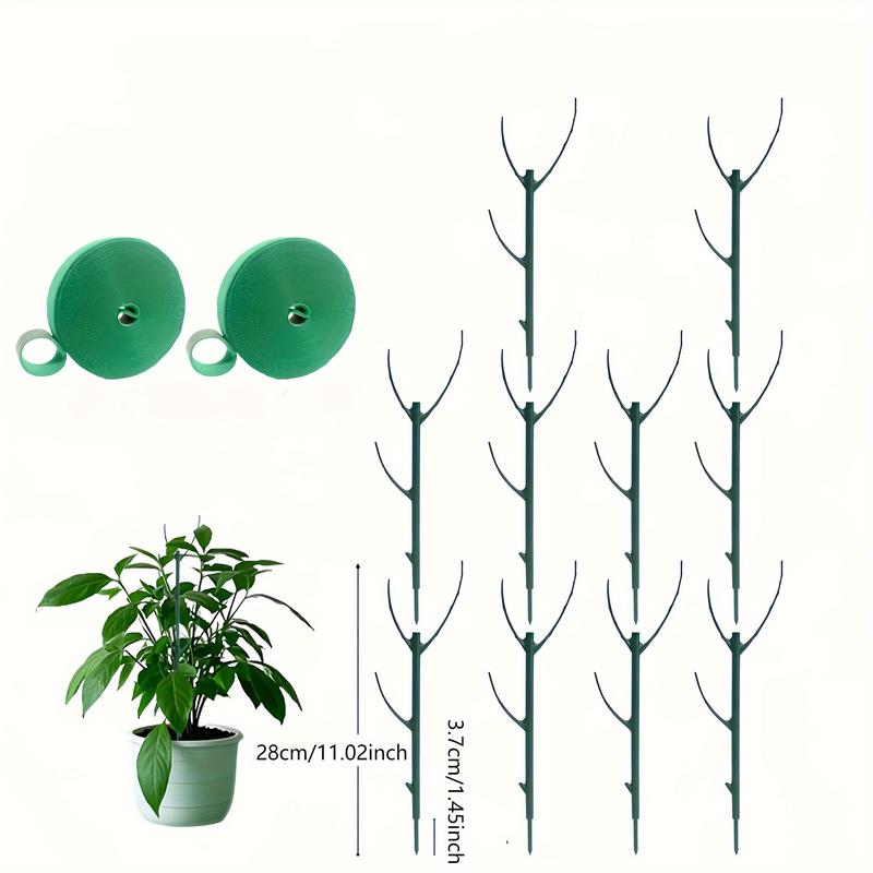 10 Pieces Stackable Plant Support Stakes with 2 Rolls of Tape - Green Plastic Cages for Tree Branch Fencing, Climbing Plants, and Indoor/Outdoor Potted Flowers, Climbing Plant Support|Leaf Design Stake|Durable plastic stakes, plant support clips