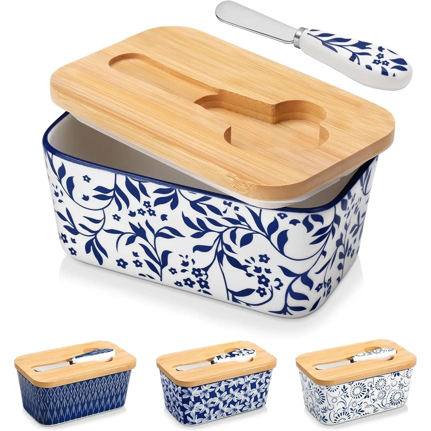 vancasso SELENE 6.5" Large Ceramic Butter Dish with Lid, Countertop Butter Keeper Container with Knife & Bamboo Lid, Delicate Floral Pattern