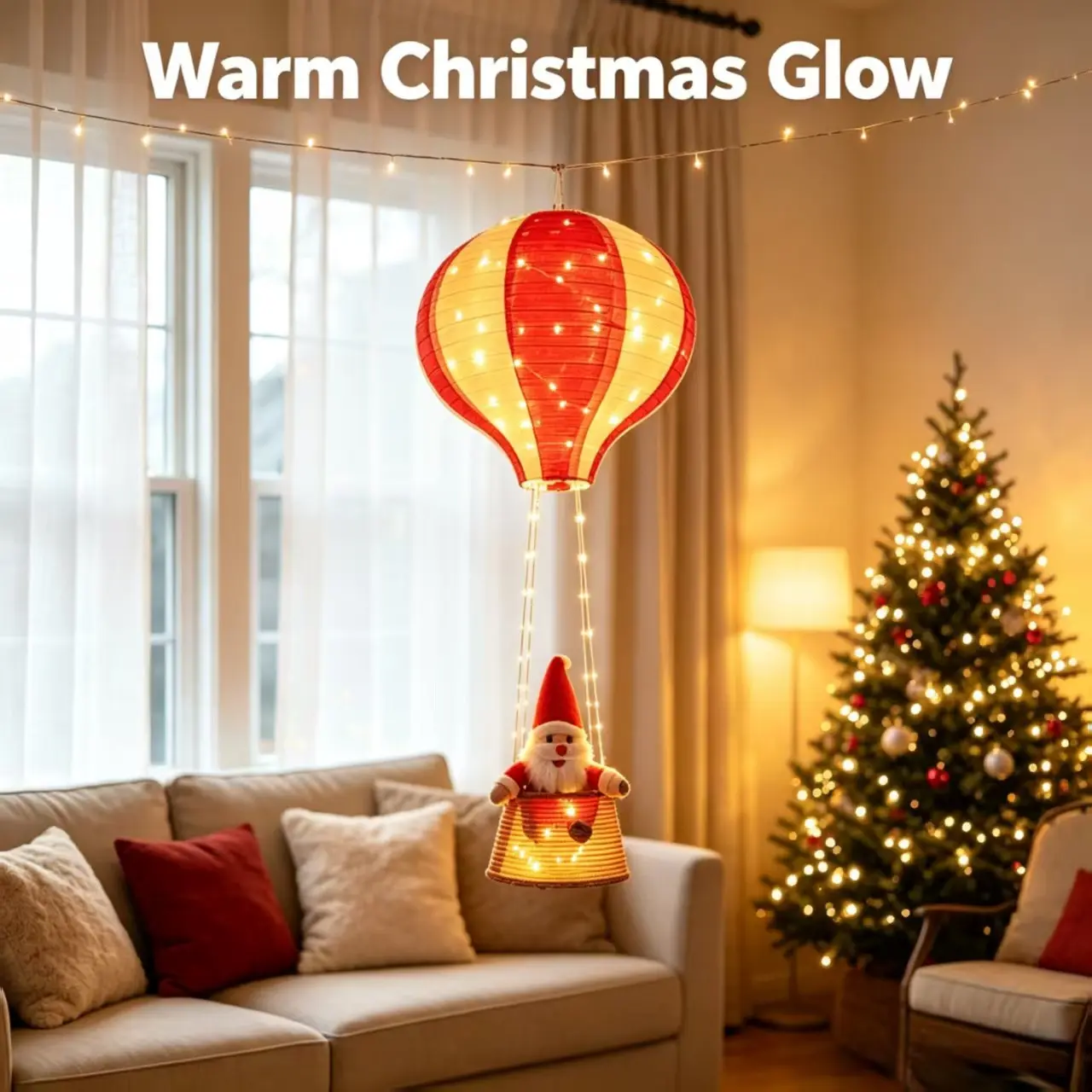 Foldable Paper Hot Air Balloon Santa Claus Basket Hanging Lamp, Striped Christmas Lantern, Outdoor Festival Decorations
