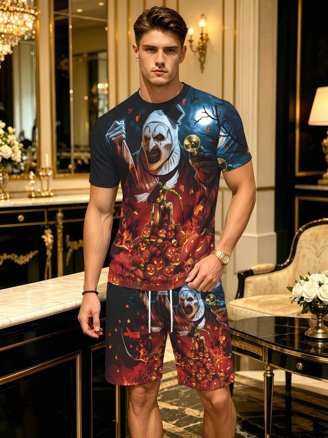Men's Halloween Clown Pumpkin 3D Print Two-Piece Set, Short Sleeve T-Shirt + Shorts, Breathable, Casual, Ideal for Summer Outdoors