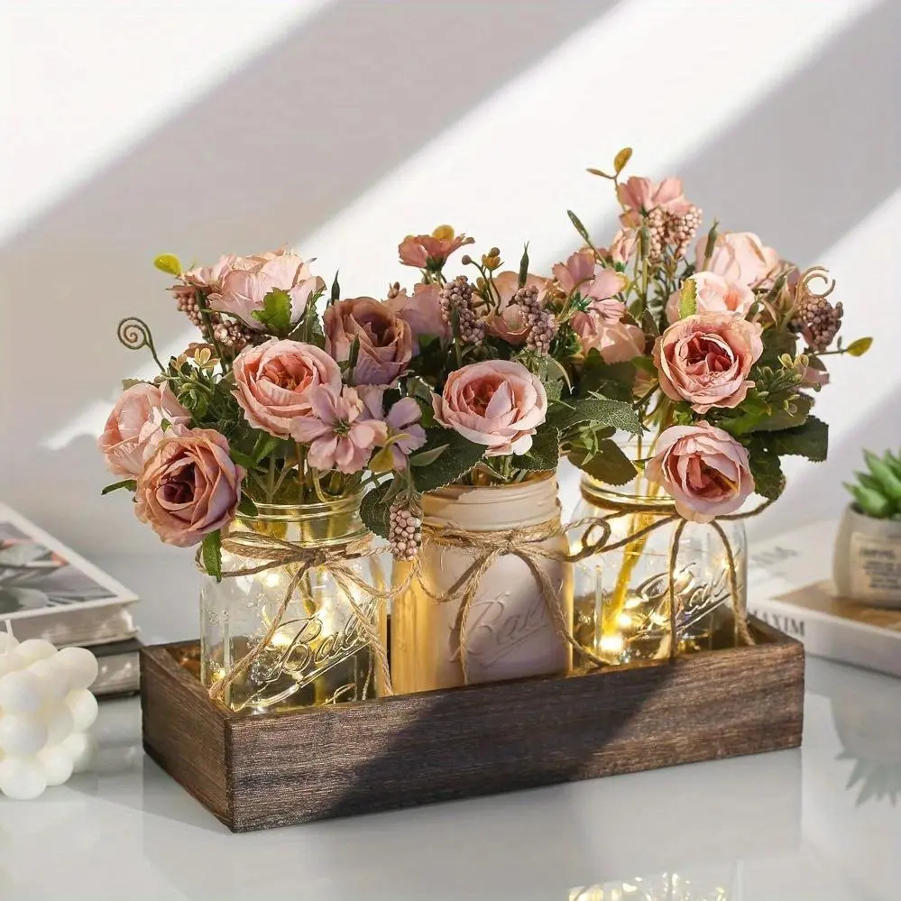 3pcs Mason Jar Centerpiece Table Decorations for Dining Table Decor Farmhouse Coffee Table Decor with Wood Tray and Led Light Table Centerpieces for Dining Room Kitchen Living Bathroom, Pink