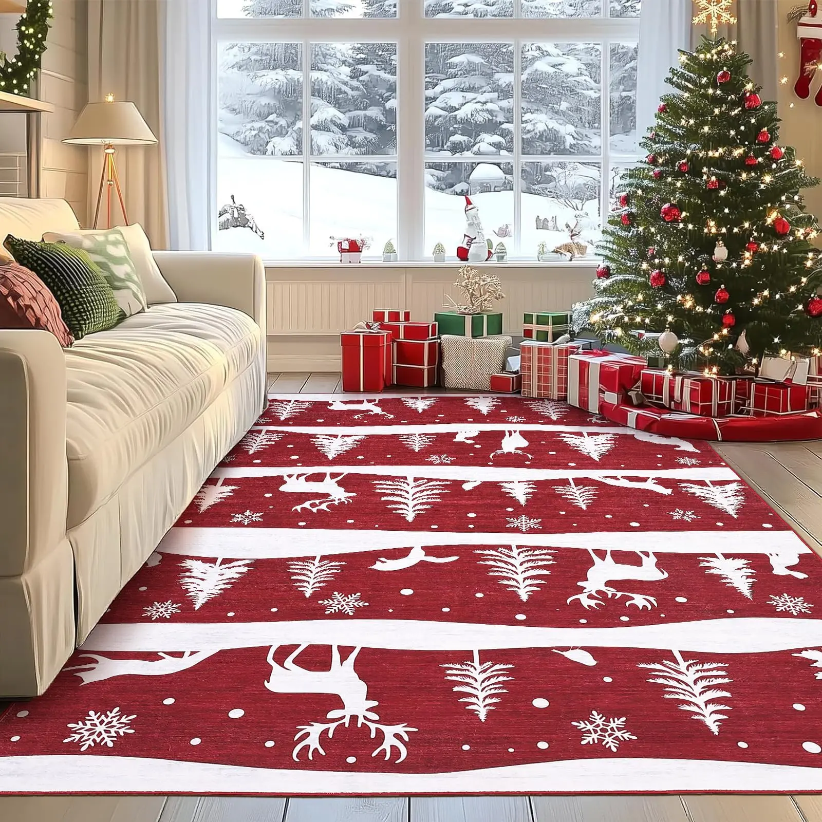 Garvee Red 6x9 Area Rugs for Living Room, Washable Rug for Home Decor, Indoor Non Slip Carpet, Soft Low Pile Christmas Rug with Xmas Tree Reindeer Snowflake for Bedroom, Dining Room