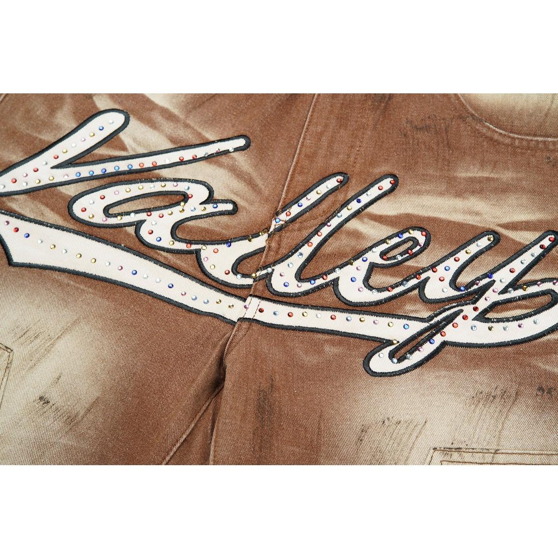 Vale Sports Valley Dreams Vintage Washed Distressed Print Full Rhinestone Bling Diamond Harajuku Letter Embroidery Baggy Denim Shorts European American Hip Hop Y2K Streetwear Loose Knee Length Casual Sparkly Trendy Jeans Shorts For Men Unisex