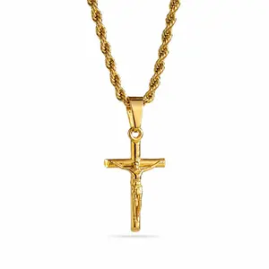 14K Gold Filled Jesus Crucifix cross Pendant cross Necklace - Stainless Steel Religious men's Jewelry Gift for Adults