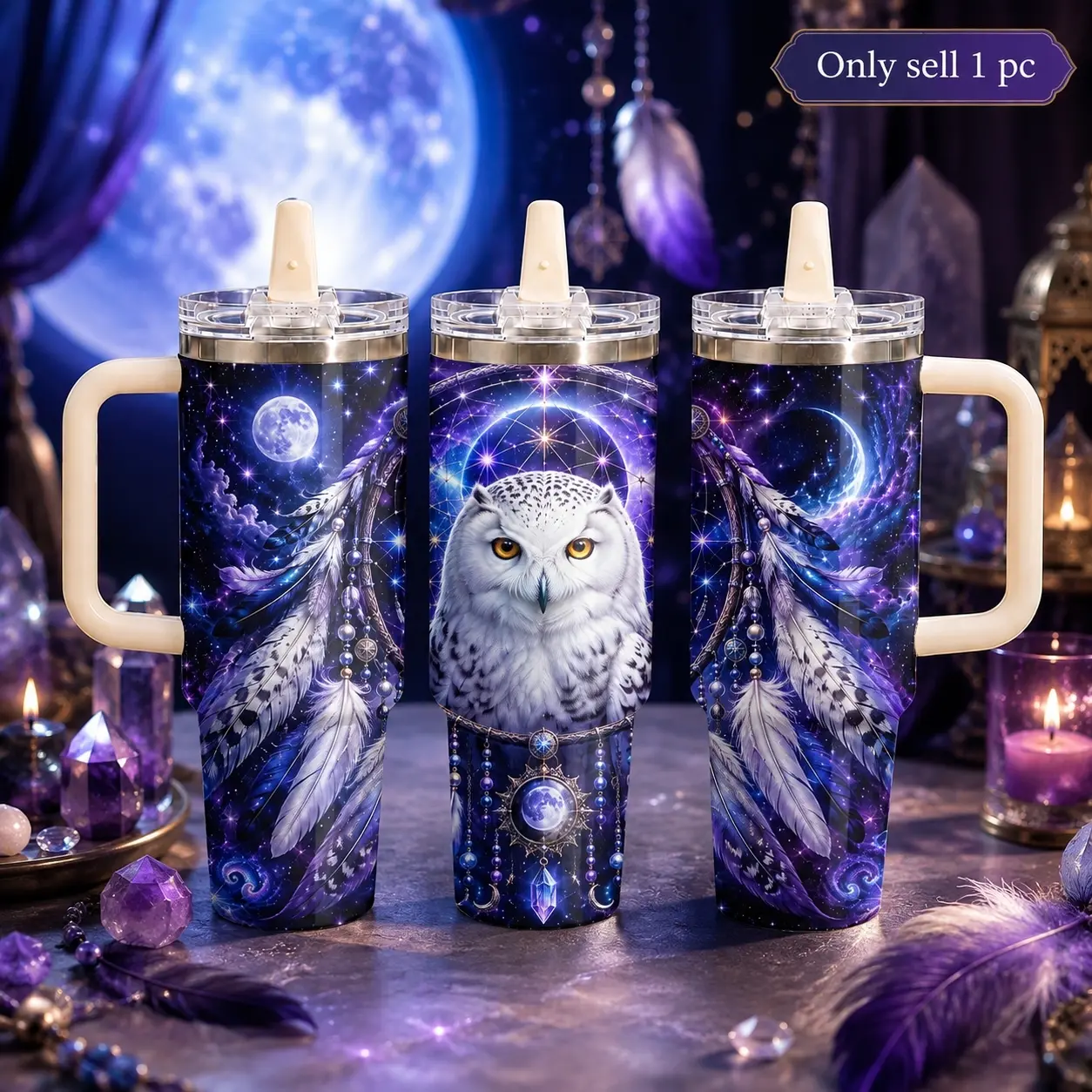 Celestial Owl Stylish Tumbler 40oz with Handle & Straw, Galaxy Dreamcatcher Moon Feather Design Vacuum Insulated Stainless Steel Travel Mug, Leakproof Cup Fits Car Cup Holder, Mystical Gift for Women