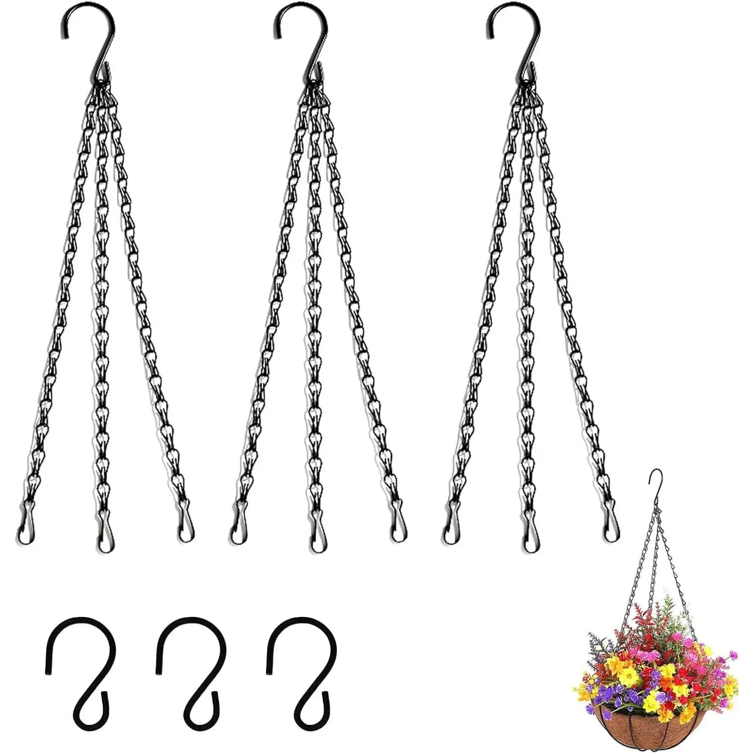 3 Pack 23 inch Hanging Basket Chain,Hanging Plant Holder, Flower Pot Basket Chains 3 Point Replacement Chain Hangers with S Hooks for Planters, Bird Feeders, Lanterns and Other Ornaments