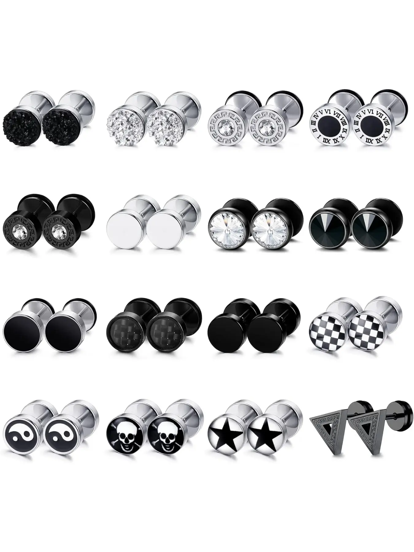 16 Pairs Fake Gauge Earrings for Men Women Stainless Steel Stud Earrings Cheater Fake Ear Plugs Faux Gauges Earrings Ear Tunnel Casual Earrings Set