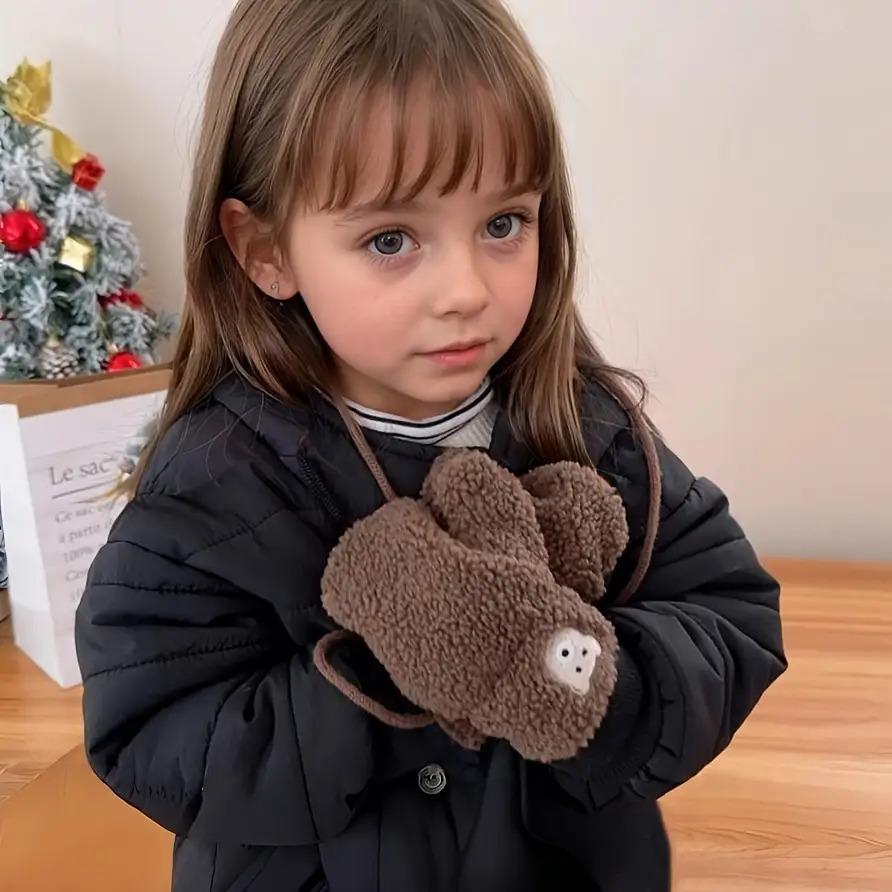Kids Plush Winter Gloves with Neck Hanging Loop - Thick Warm Thermal Mittens for Boys & Girls 2-5 Years, Soft Brown/Beige/Gray/Black, Cozy Everyday & Play, Easy On/Off Design, Ideal for Christmas & New Year's Gifts, Adorable Plush Material for Boys & Girl