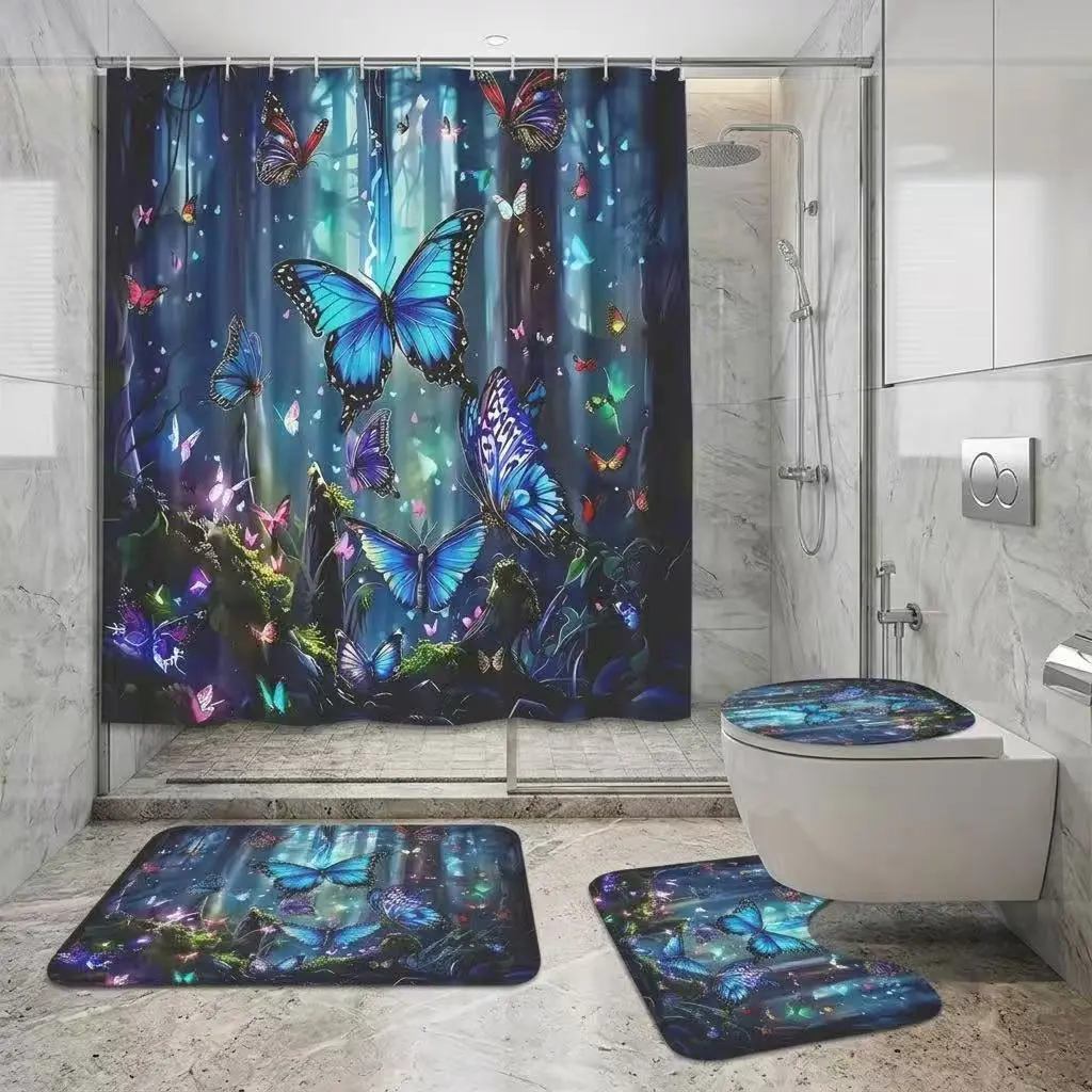 4pcs Magical Glow Butterfly Aesthetic Shower Curtain Set Bathroom Curtains Shower – Soft Shower Curtain & Extra Plush Bath Mats, Deep Forest Design with Colorful Wings, Cozy Comfort for Spring Celebration