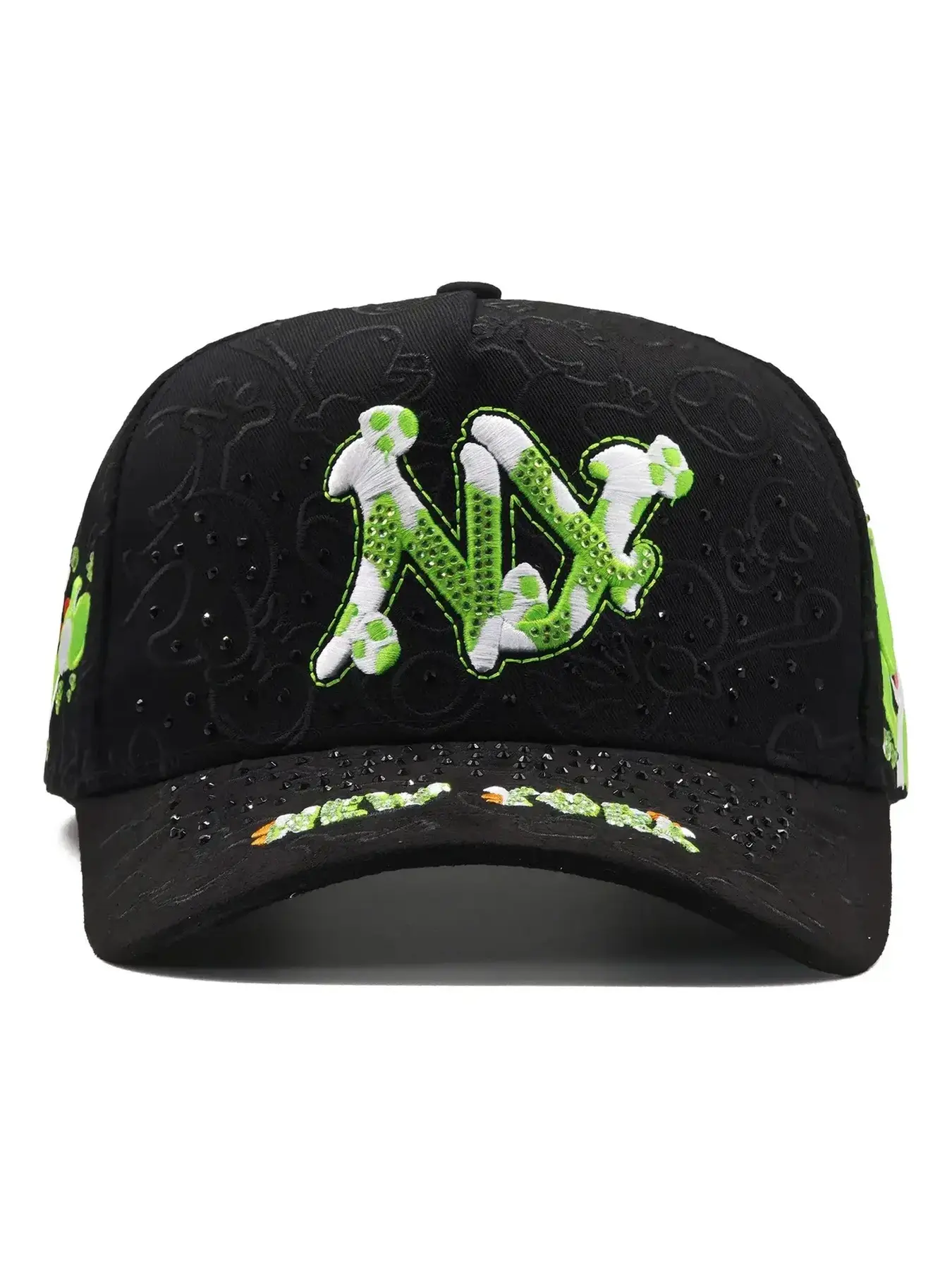 Green Japanese Anime Cap, 100% Durable Cotton, with Pink Desert Camouflage Design and Rhinestone Details on the Adjustable Logo, for Streetwear and Casual Luxury, Streetwear Hat