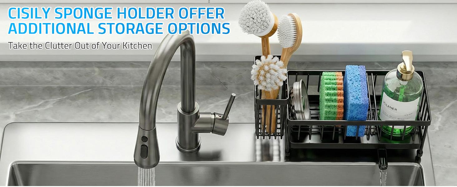 Sponge Holder for Kitchen Sink, Sink Caddy Organizer with High Brush Holder, Kitchen Countertop Organizers and Storage Essentials, Rustproof 304 Stainless Steel (Black, 9.25″)