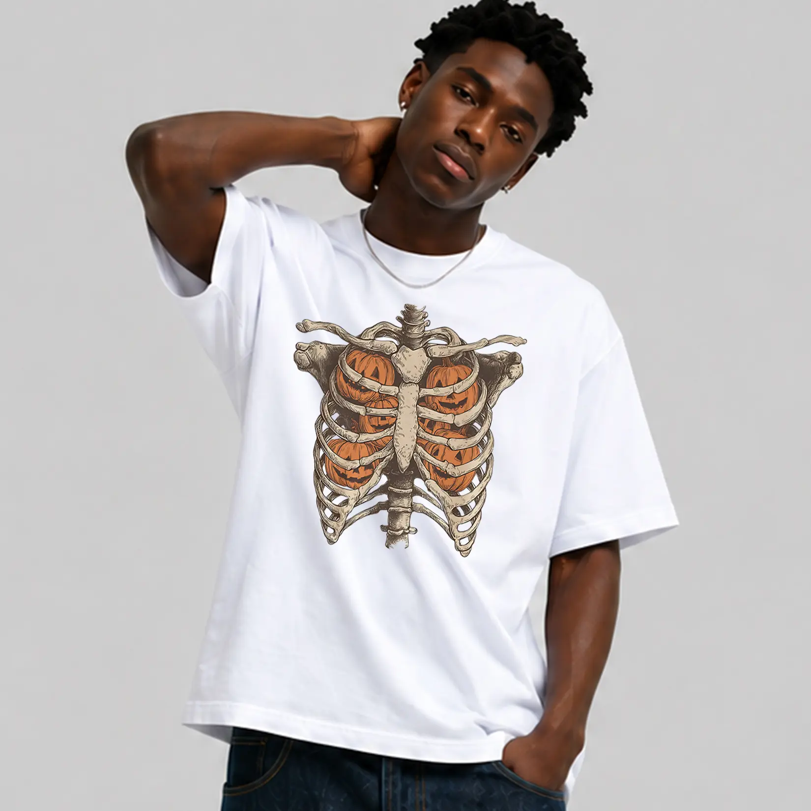 Men’s Halloween Skeleton Graphic Tee | Viral Rib Cage Jack O Lantern Pumpkin Print+180g heavy cotton+oversized loose | Retro Fall Gothic Style | S-3XL White | Halloween Party & Pumpkin Patch Trip #HalloweenTee #FallMensShirt
