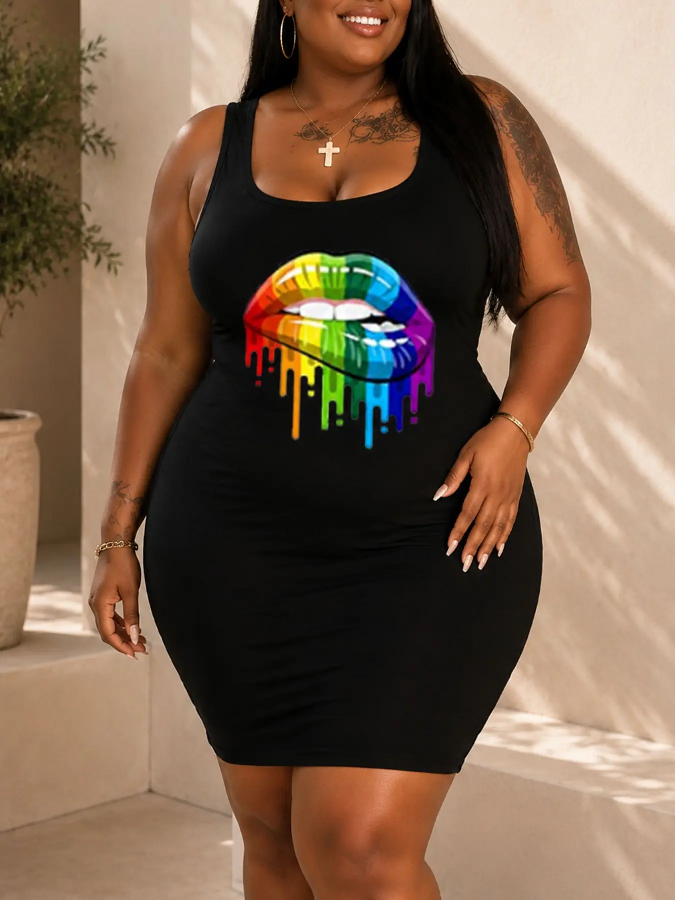 Plus Size Colorful Lip Print Sleeveless Dress, Trendy Printed Design, Sexy Street Style, Slim-Fitting, Casual Chic Fitted, Random Print, Women's Fashion, Casual Sleeveless Bodycon Tank Dress, Bodycon Summer Dress, Casual Dresses