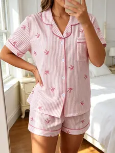 Women's Cute Striped Bow Print Pajama Set, Two-Piece Fitted Sleepwear, Short Sleeve Button-Up Top and Shorts, Comfortable Home Wear
