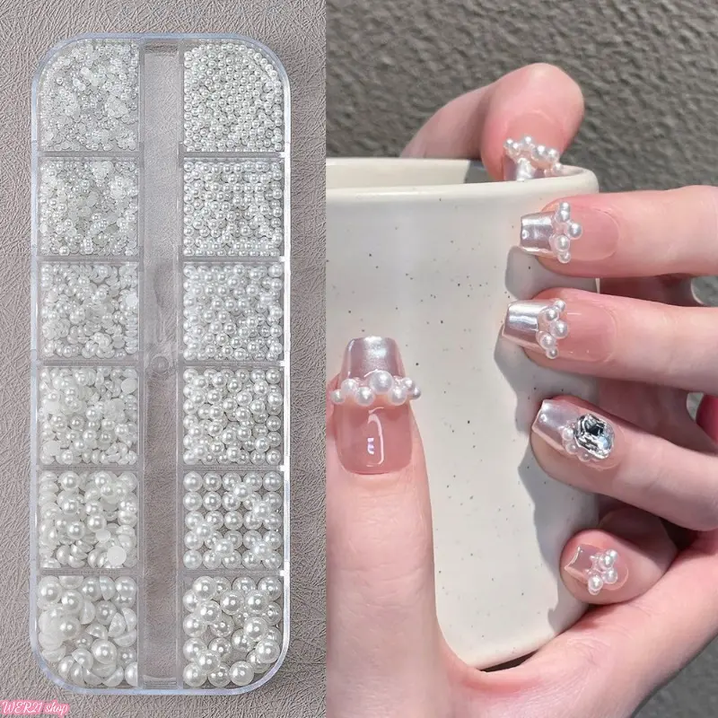 [SummerWins]12 Grid Mixed Size White Pearl Nail Charms Set, Flat Round Mini Pearl Beads 3D Nail Art Decorations, DIY Manicure Accessories for Wedding Bridal Elegant Nail Design