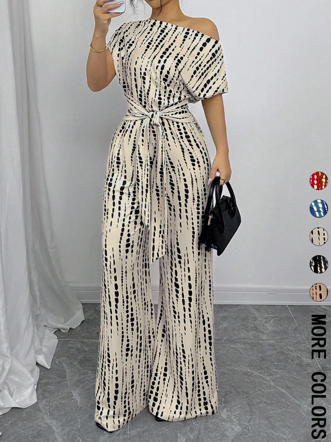 Women's All Over Print Tie Front   Jumpsuit, Casual Asymmetrical Neck   Jumpsuit for Spring & Fall, Women's Clothes for Daily Wear