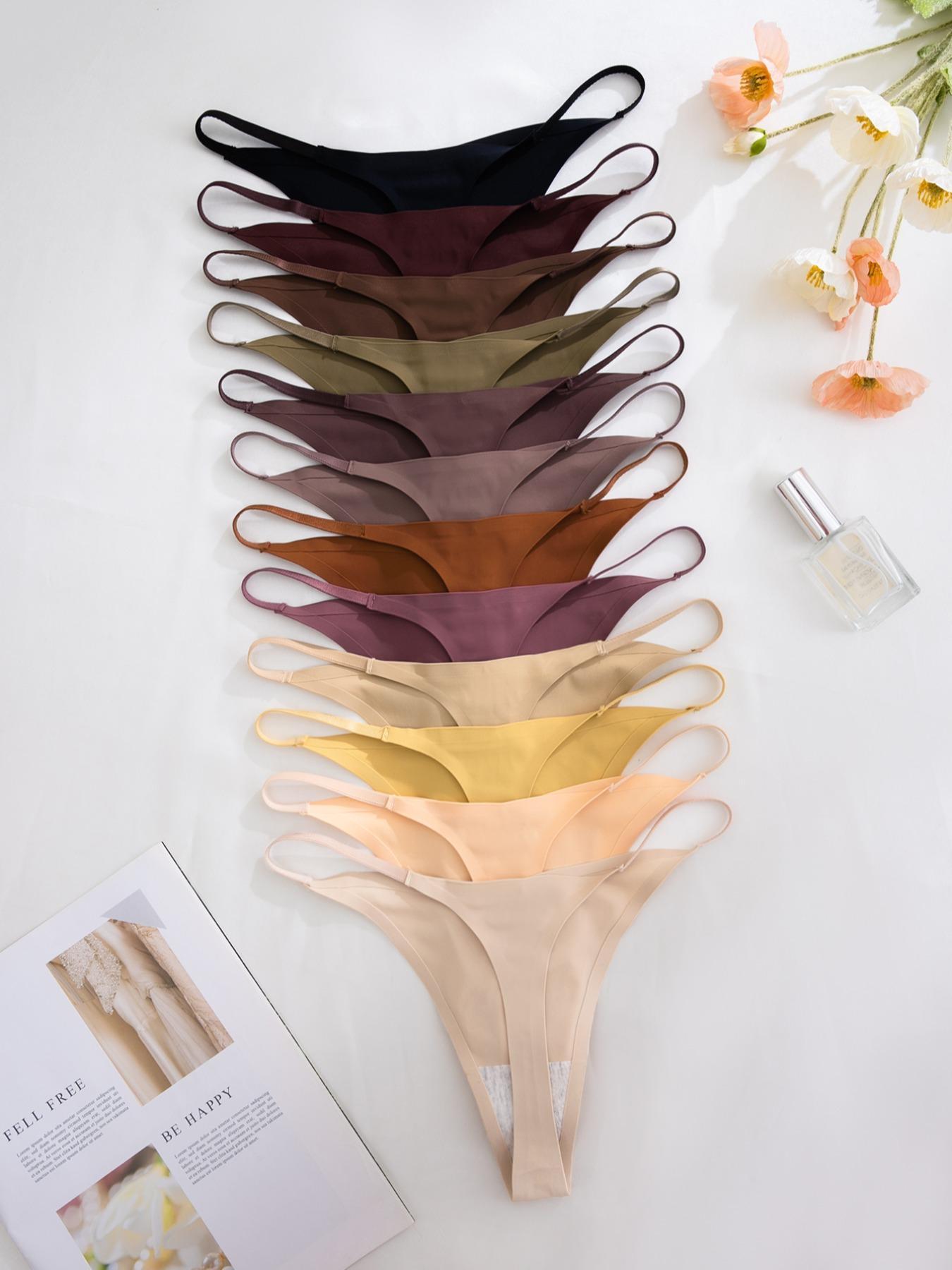 Women's Solid Seamless Thong Panties, 7/12 Counts Soft Comfy Breathable Drop Waist Knicker for Daily Wear, Women's Underwear for All Seasons