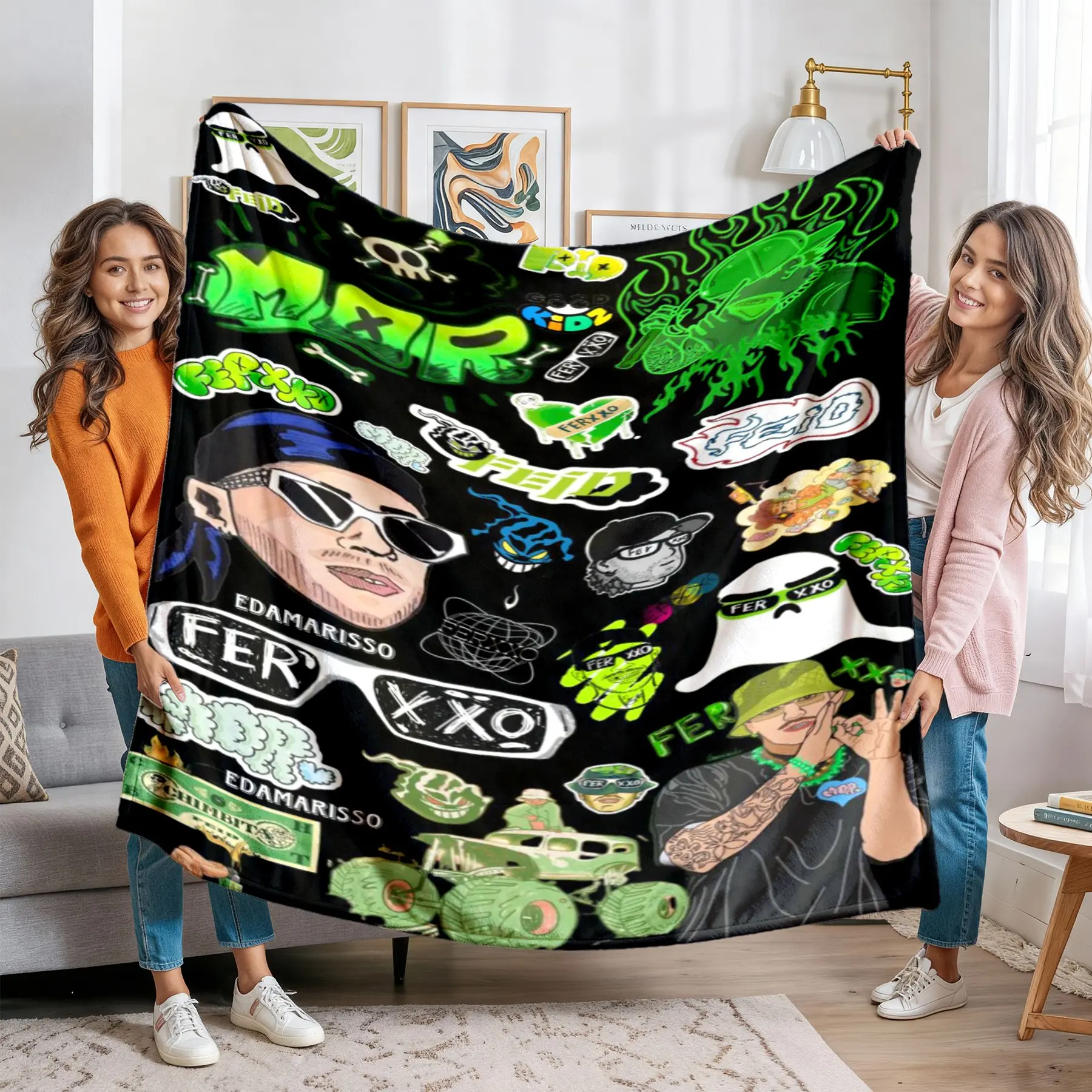 1 PC 💚 Feid Ferxxo Green Graffiti Blanket! Soft fleece for cool bedroom decor, gaming room setup, couch music lounge & dorm chair ⚡ Epic Xmas, Halloween & Birthday gift for music fans! 🎁