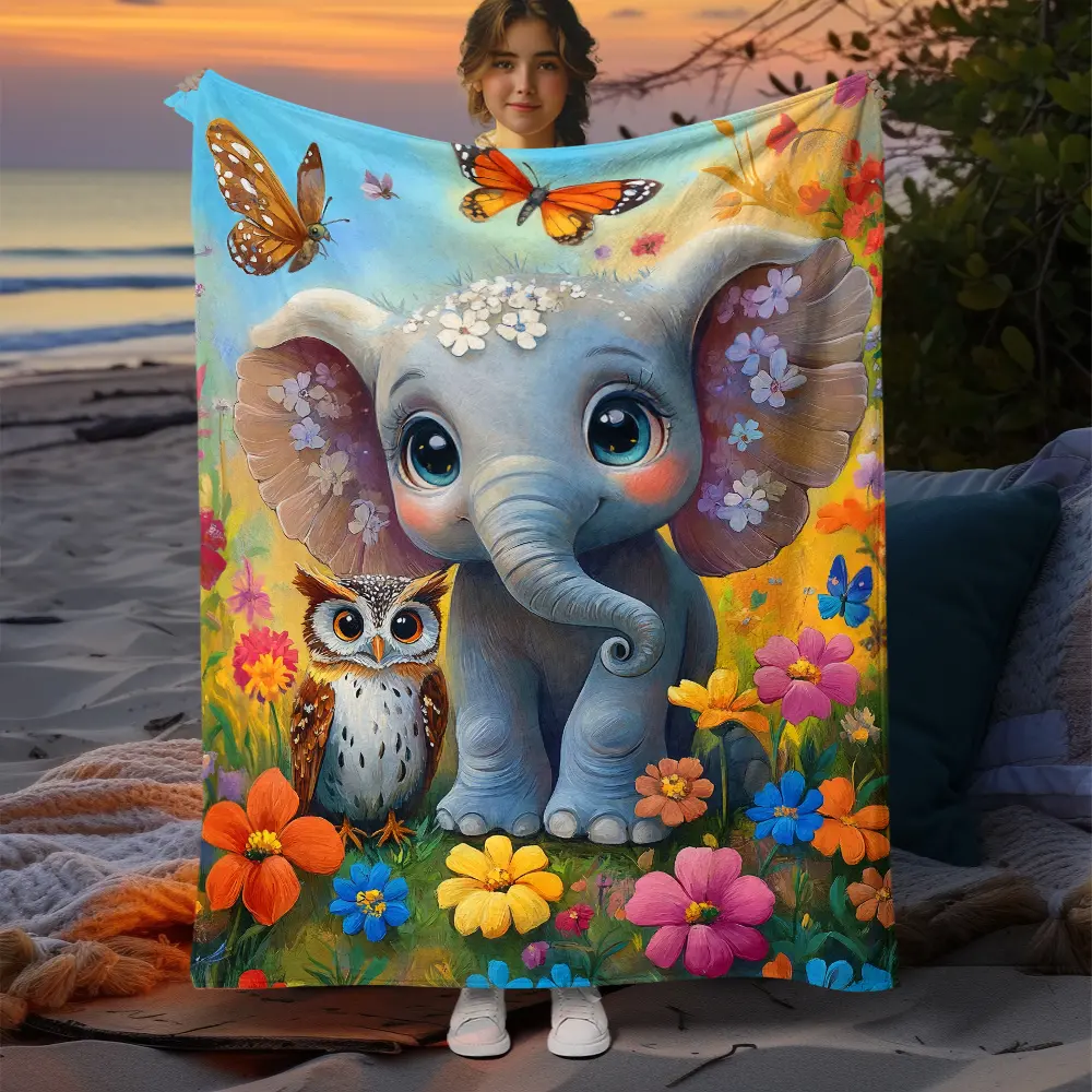 1pc Cozy Polyester Knitted Blanket with Owl and Elephant HD Print - All-Season Lightweight Throw for Sofa, Bed, Travel, Camping - Machine Washable Soft Shawl for Office, Home Decor, Birthday Gift