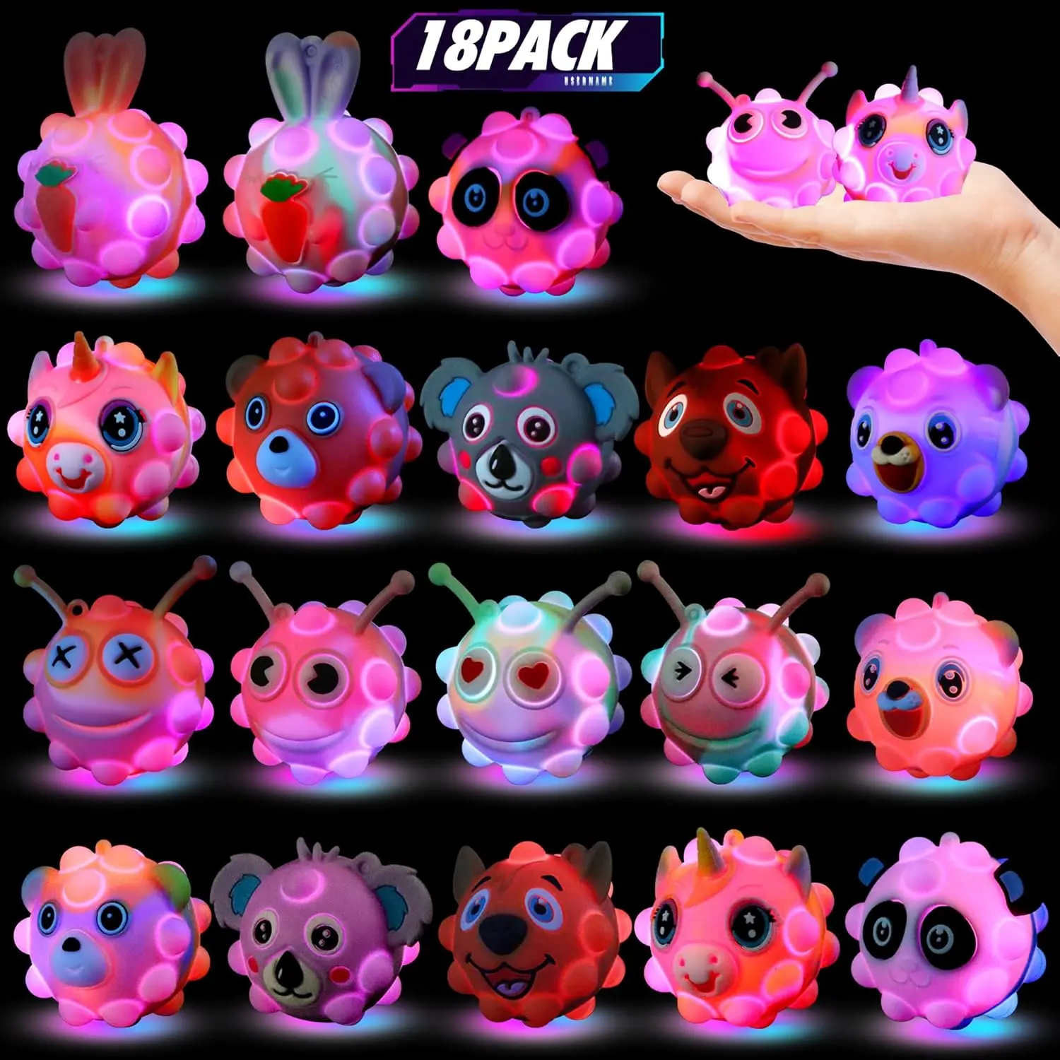 18PCS Light Up Fidget Balls Party Favors, 2 inch 3D Animal Pop Balls Fidget Toys, Party Favors for Kids 4-12, Goodie Bags Stuffers, Pinata Stuffers, Birthday Gifts, Classroom Prizes, Treasure Box Toysfidget toys