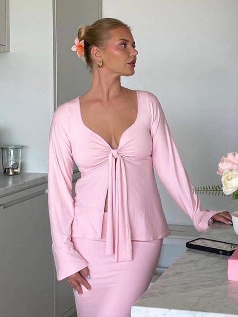 Women's Solid Knot Front Split Hem Tee, Casual Long Sleeve Sweetheart Neck T-Shirt for Fall, Women's Clothing for Daily Wear