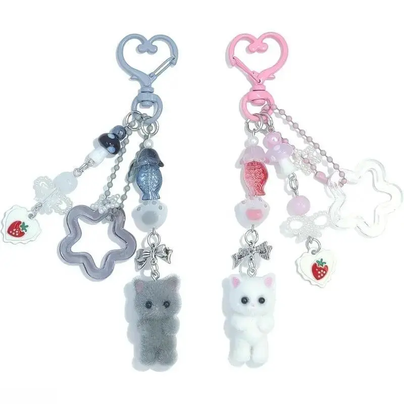 Ins Style Q-Edition Flocked Cartoon Cat Keychain, Soft Kawaii Bag Charm, Adorable Fashion Bag Decoration Gift