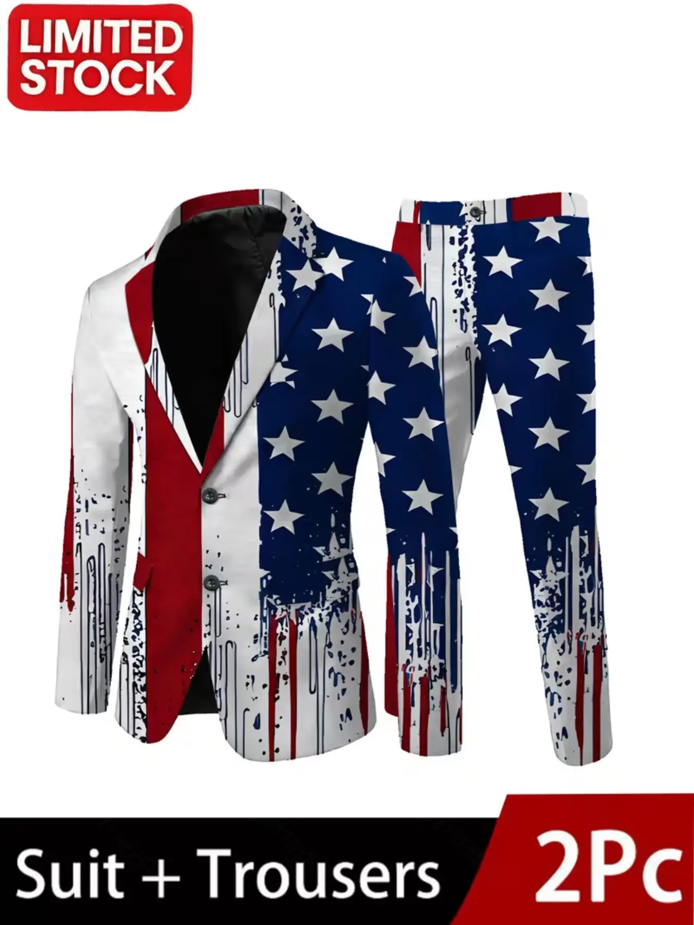 Men's Two-Piece Suit Set, Digital Print Classic Wedding Party Blazer, American Flag Graffiti Print Business Jacket and Pants