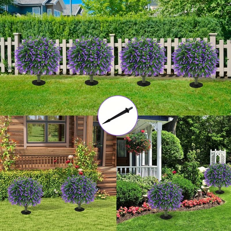 2 Pack Artificial Boxwood Topiary Ball with Lavender, Set Of 2 Artificial Shrub Bushes with Ground Spike, Fake Evergreen Tree for Porch, Artificial Plants for Outdoor Planters Indoor