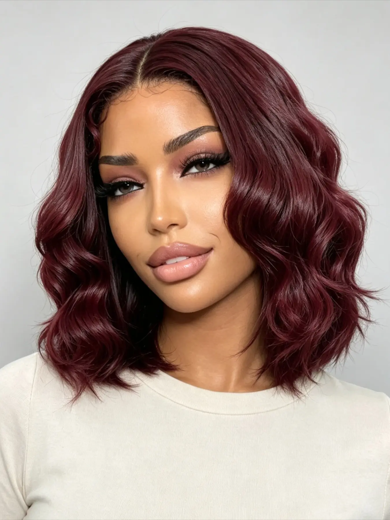 Black Pearl 99J Red Color Layer Cut Bob Wig Human Hair Pre-Bleached Glueless Wig Ready to Wear 180% Density Face-Framing Yaki Straight Middle Part HD Lace Closure Wigs Human Hair Natural Scalp Wig