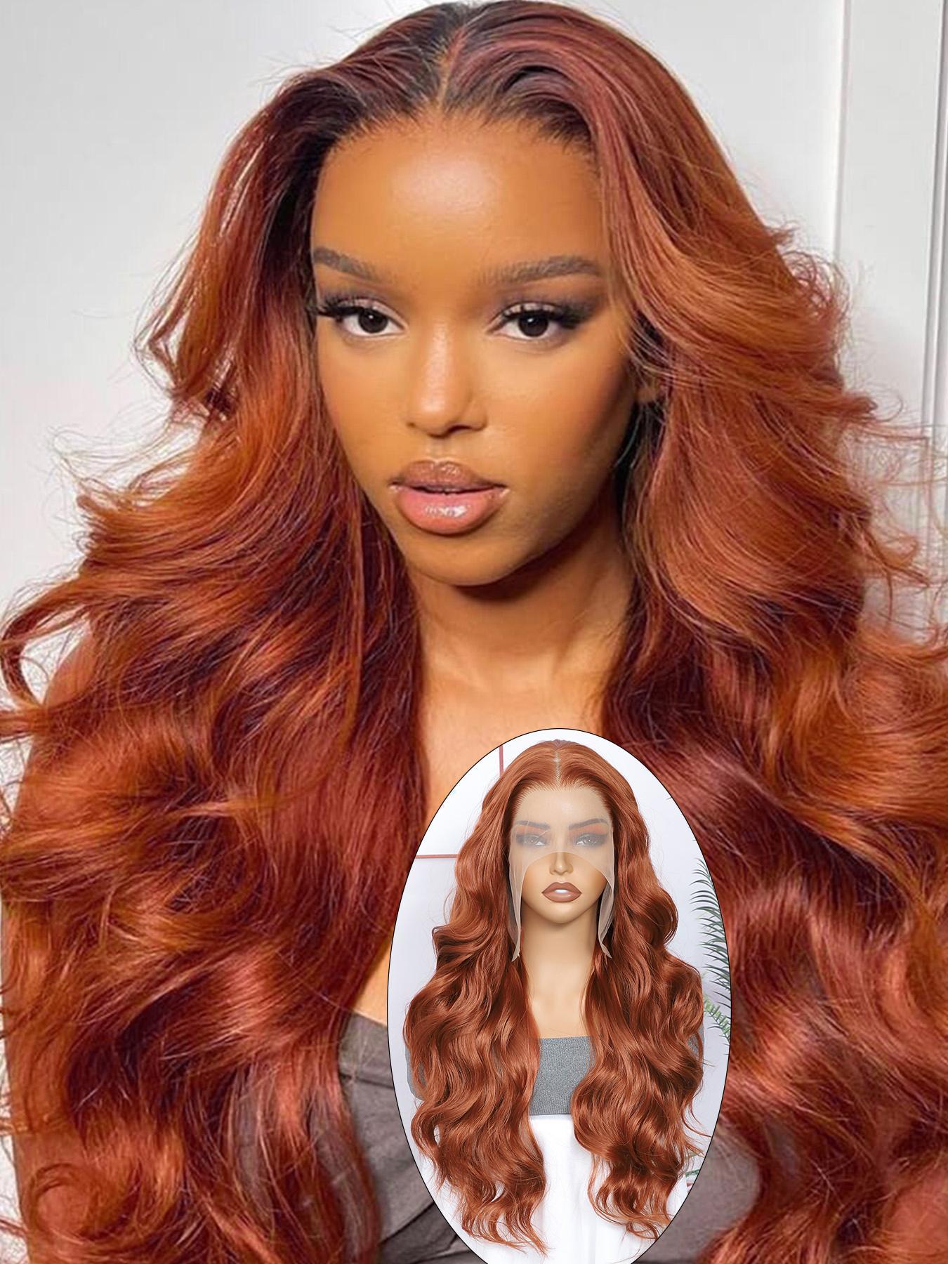 24 Inch Burgundy/Ginger Long Body Wavy Wigs for Women, Gorgeous Fluffy Natural Looking Wigs without Bangs, Synthetic Heat Resistant HD Lace Front Wigs for Party, Daily Use