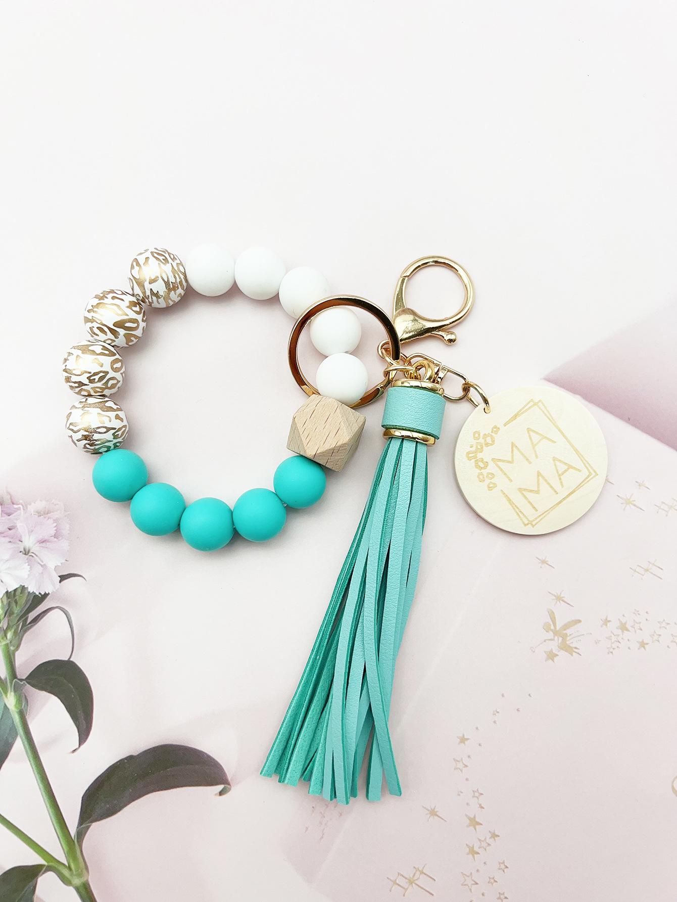 Wrist keychain, bag pendant, key ring, silicone bead bracelet, tassel, wooden beads, MAMA wood piece