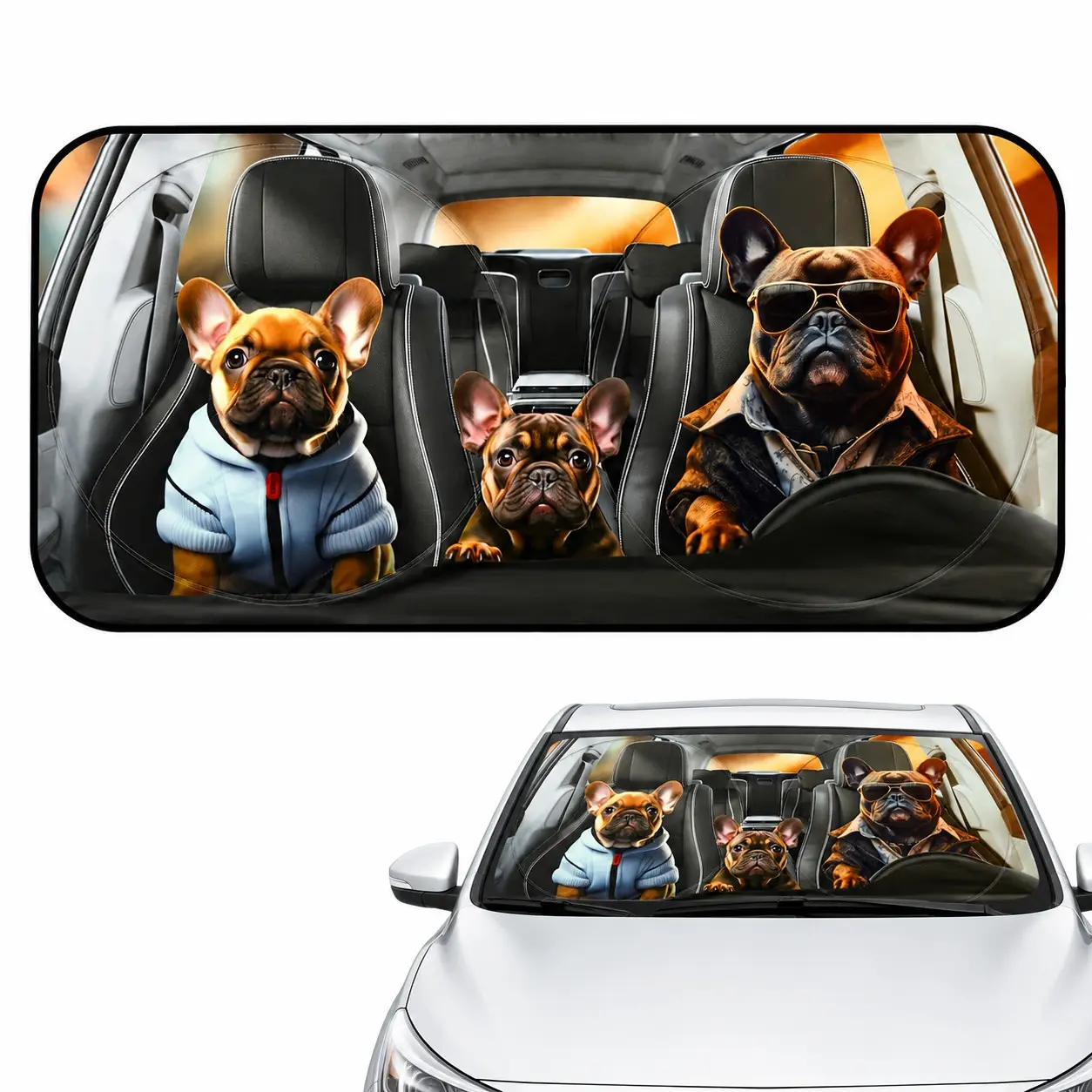 French Bulldog Car Windshield Sun Shade, 59.1 x 27.6 in Foldable Front Windshield Cover, Dog Pattern Auto Interior Accessory, 1 Pc