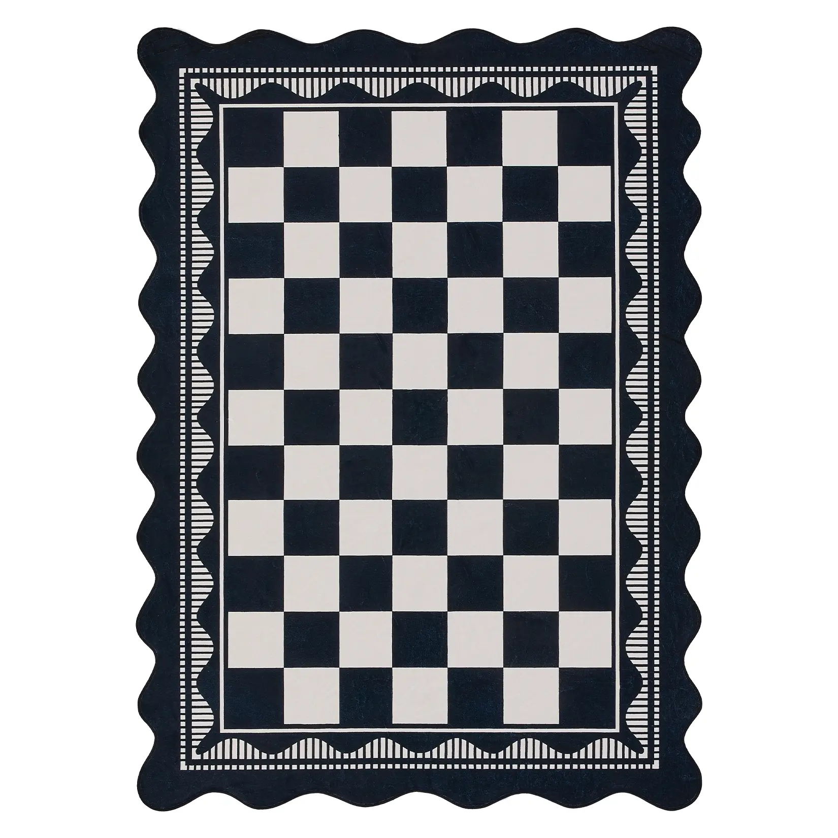 Washable Pearl Velvet Area Rug - Checkered Wave Printed Fabric, Low Pile, Non-Slip, Foldable, 2x6 ft & 5x7 ft, for Living Room Decor & Kid Room, Black/White, Brown, Green