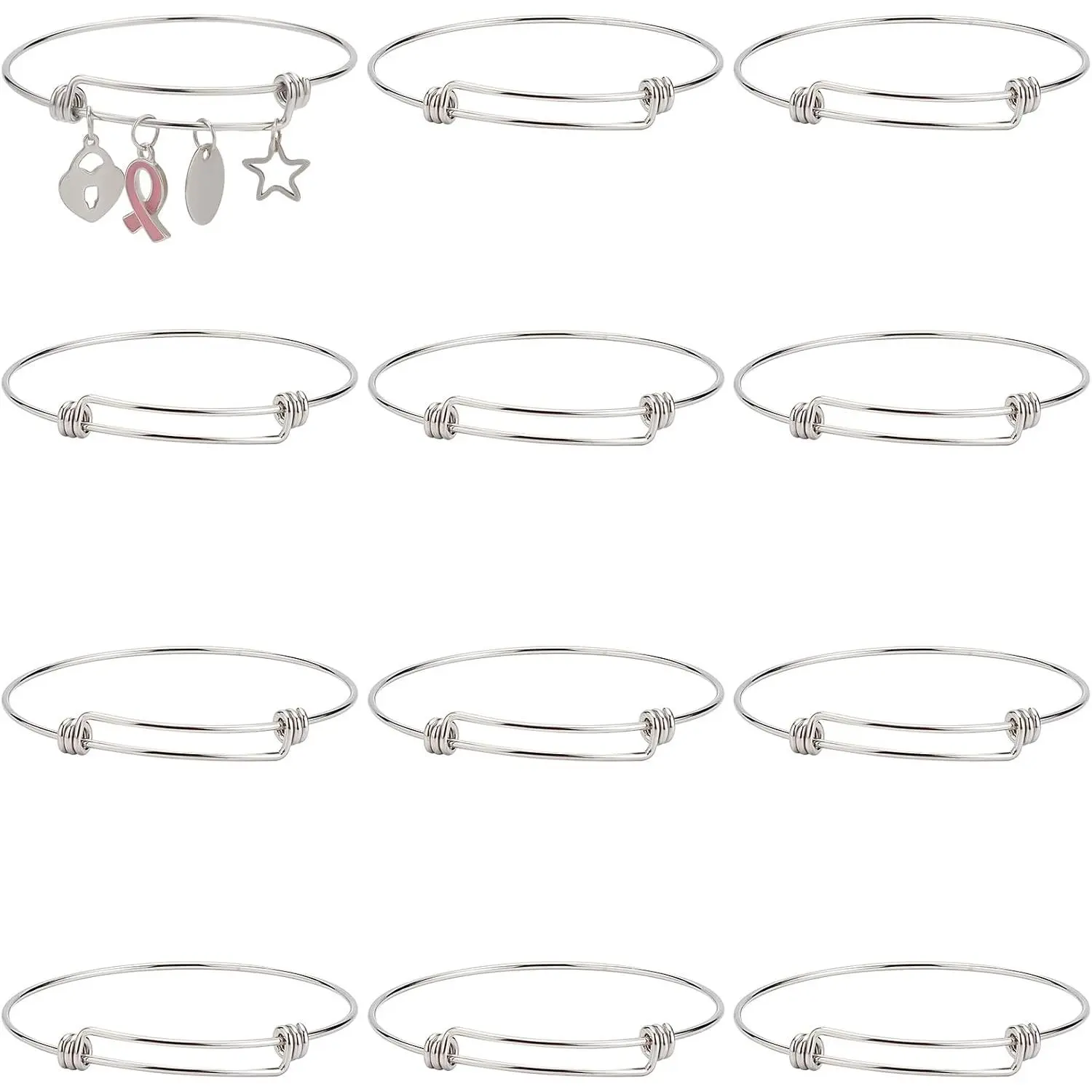 12 count Stainless Steel Expandable Wire Bangle Bracelet Bangle Bulk | Adjustable Bracelet, for  Making Metal Stackable Bracelets, Cuff Blanks, DIY Craft Adult Women, 2.6 Inch