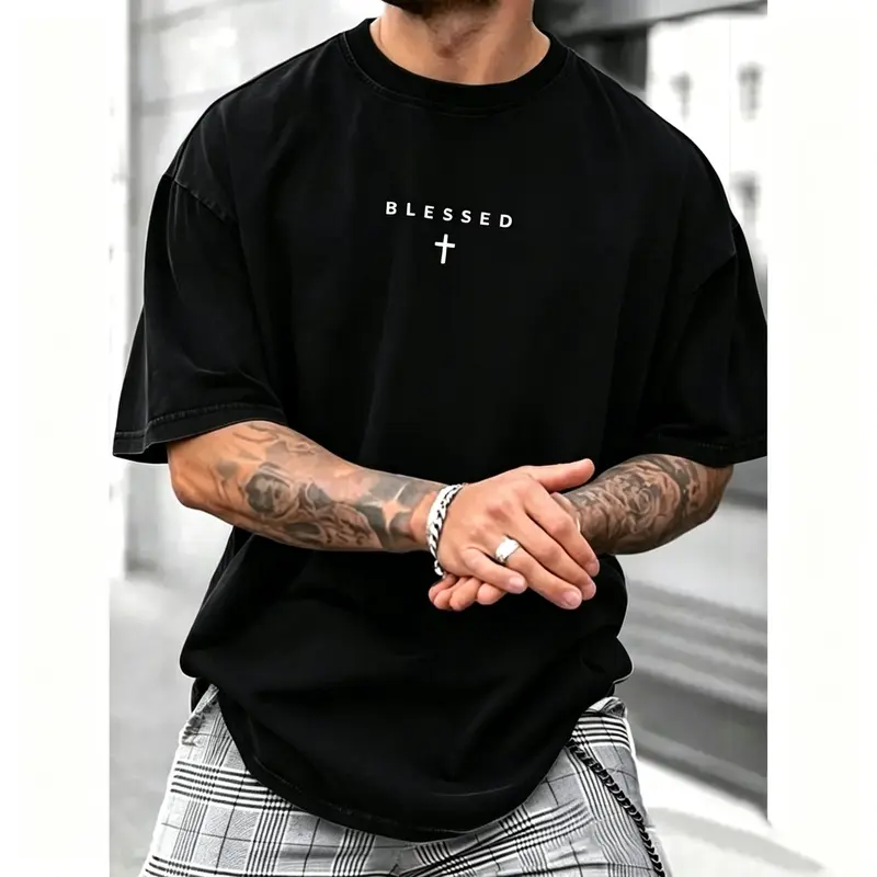 Men's Cross Print Graphic T-Shirt - Round Neck, Short Sleeve, Breathable Sports Top, Athleisure Male Clothing for Summer Casual Wear (XXL)