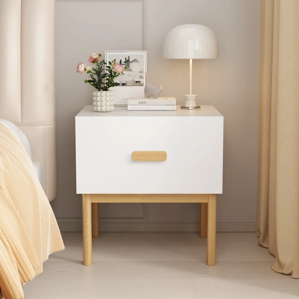 Modern White Nightstand with Drawer, Bedside Table with Wood Legs and Handle, Minimalist Night Stand Storage Cabinet for Bedroom, Living Room, Apartment, Small Spaces, End Table Organizer, Contemporary Home Furniture, White Accent Side Table