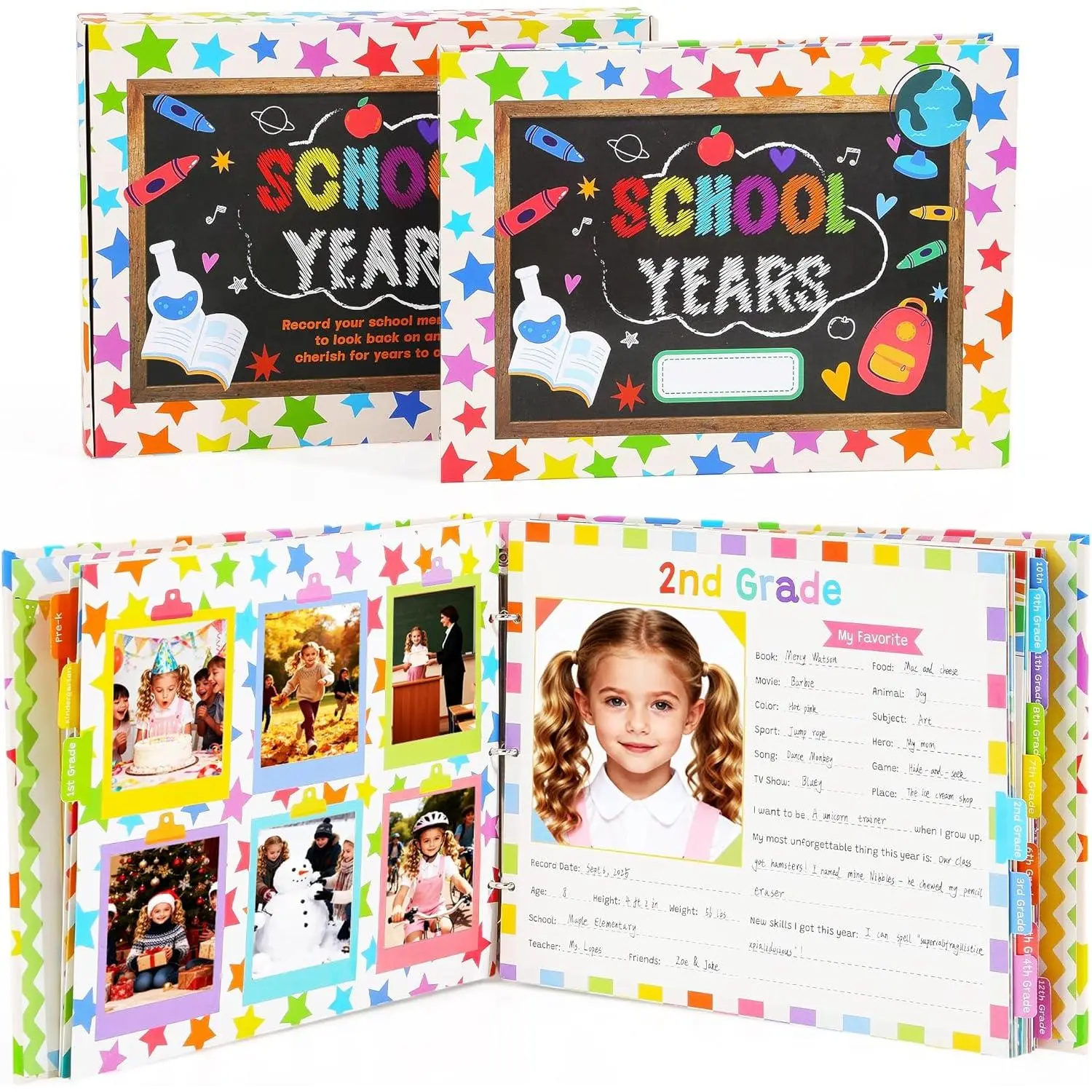 Scrapbooking Albums for Kids School Years Memory Book, Preschool to 12th, 17 Pages for Photos & Artwork, Includes Birthday/Christmas/Halloween Pages, Index Tabs & Ruler, Gift-Ready Box.