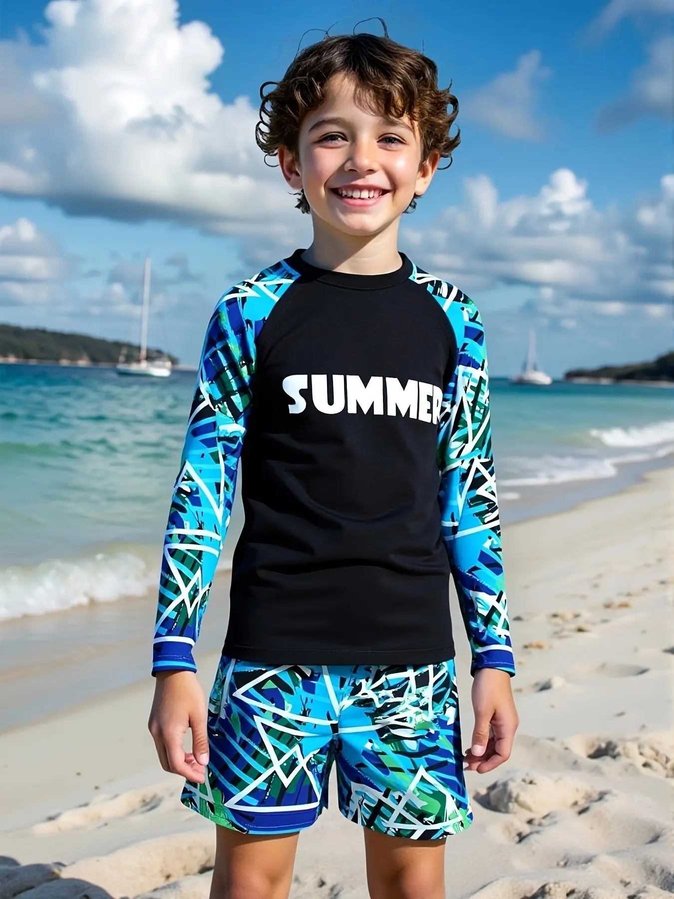 Boys' Base Blue Geometric Sleeveless Beach Swimwear Set, Quick-Dry Swimming Suit, Kids' Vacation Water Play Swimsuit