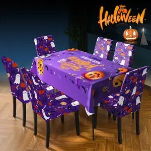 Halloween table and chair decorations, featuring a ghost castle, full moon night scene, and flying bats on a rectangular tablecloth, along with chair covers that are reusable. Ideal for Halloween restaurant decorations and perfect Halloween gifts!