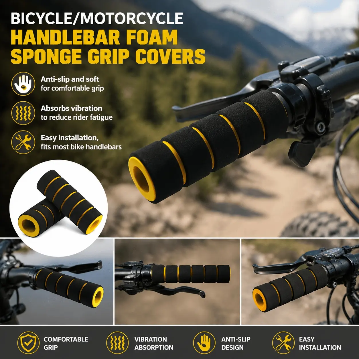 2-Pack Ergonomic Wave Handlebar Grips for Motorcycle, MTB & Road Bike - Shock-Absorbing, Anti-Slip, Tool-Free Install, Reduce Hand Fatigue & Improve Control
