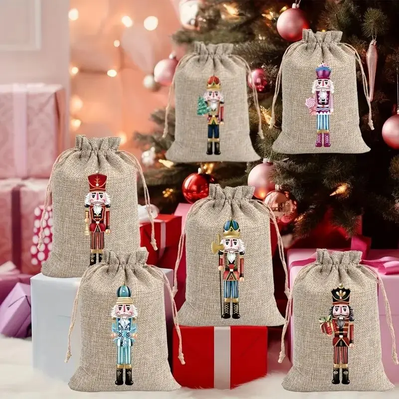 12pcs Christmas Linen Gift Bags with Drawstring, Unique Nutcracker Designs, Small Holiday Party Favor Bags for Jewelry, Treats & Decorations