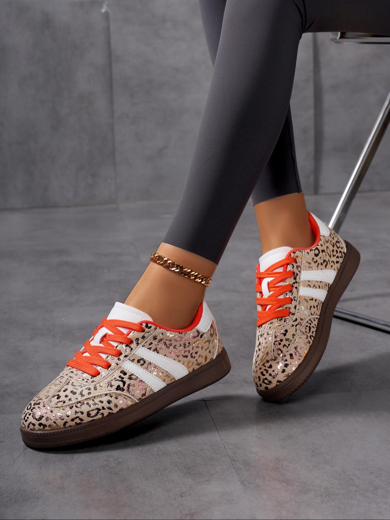Size Runs Small, Size up1 size,Women's Leopard Print Lace-Up Flat Casual Shoes, Lightweight Comfortable PU Leather Sneakers for All Seasons, Daily Wear Outdoor Sports, Trendy Walking Sneaker