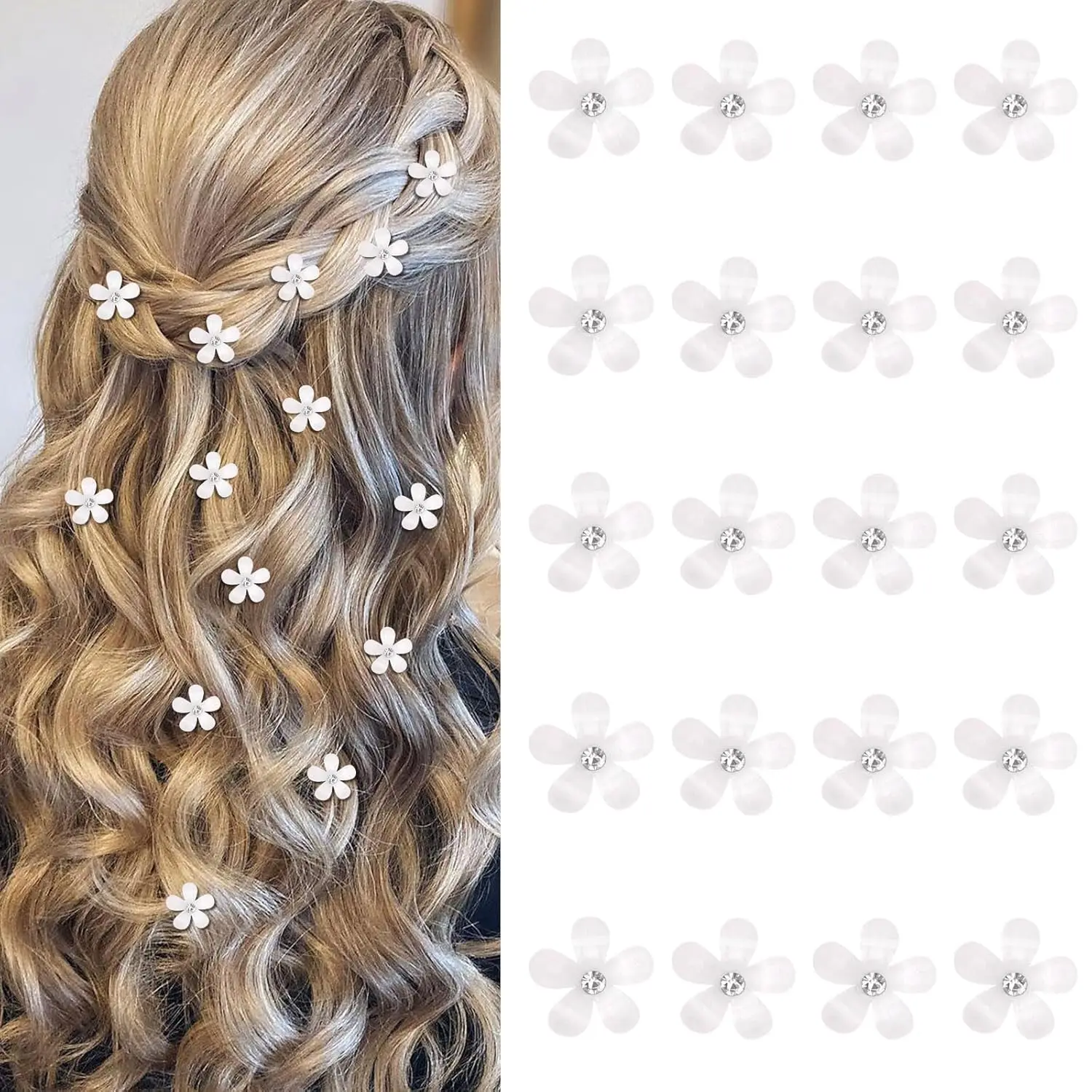20Pcs Mini White Rhinestone Flower Hair Clips, Decorative Wedding Bridal Hair Barrettes and Pins for Girls Women